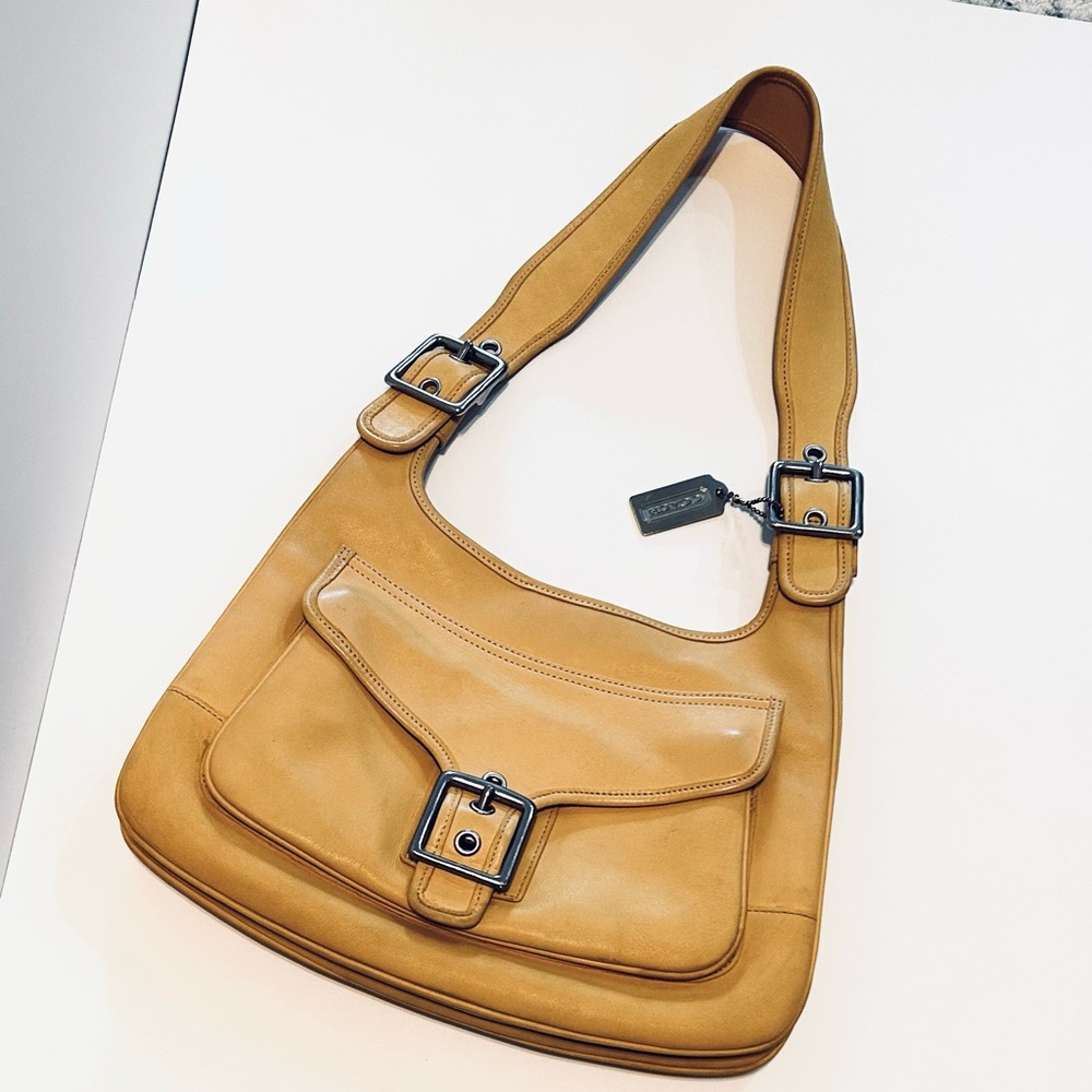 Vintage Coach Maize Smooth Leather Shoulder Bag with Buckle Accents